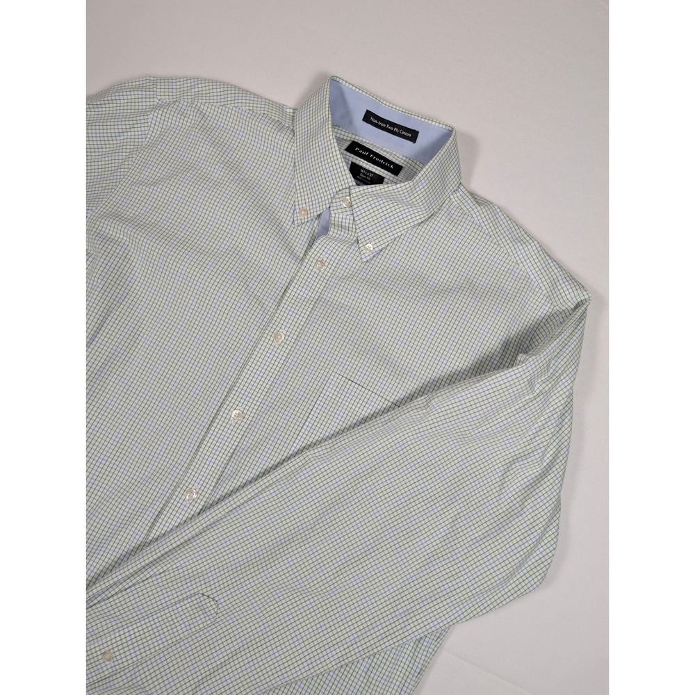 Paul Fredrick Mens Slim Fit Non-Iron Cotton Check Dress Shirt 16.5 x 37 Green